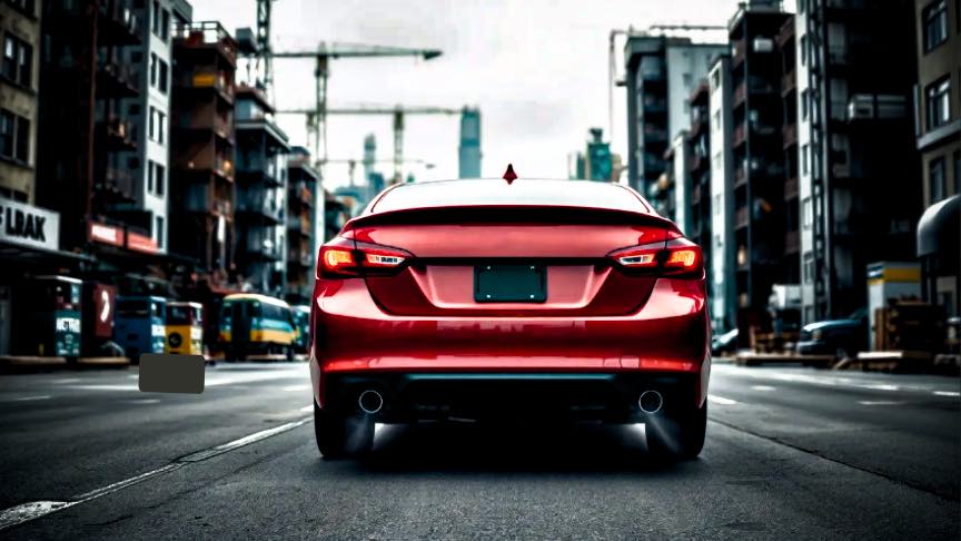 A rear view of a red car in the middle of a city street showing exhaust from the tailpipes