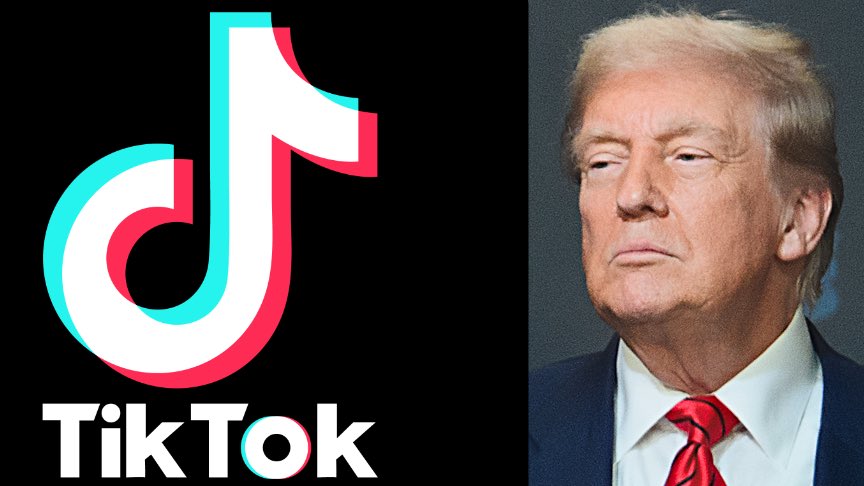 The TikTok logo next to a portrait of President Trump.