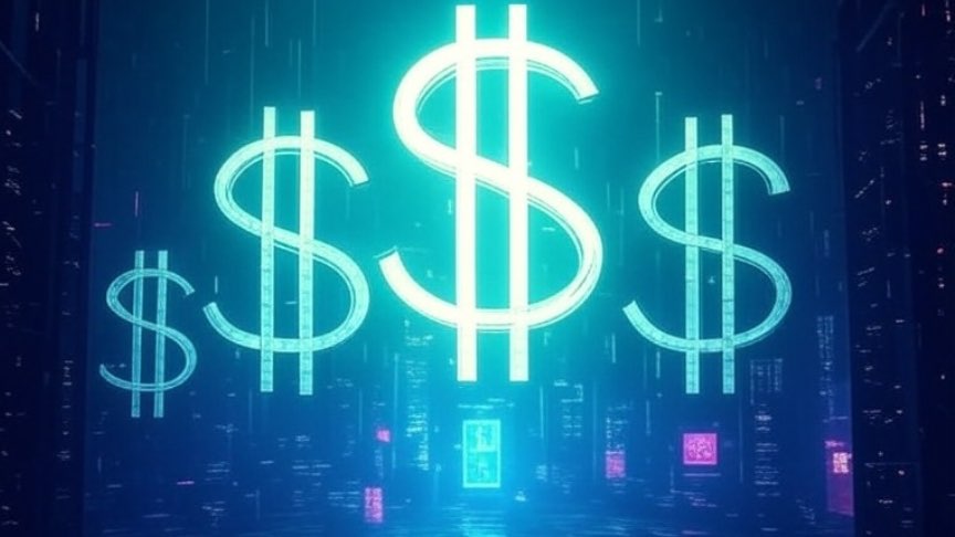 Dollar signs on a blue cyberpunk background suggesting the role the US dollar plays in world economic activity.