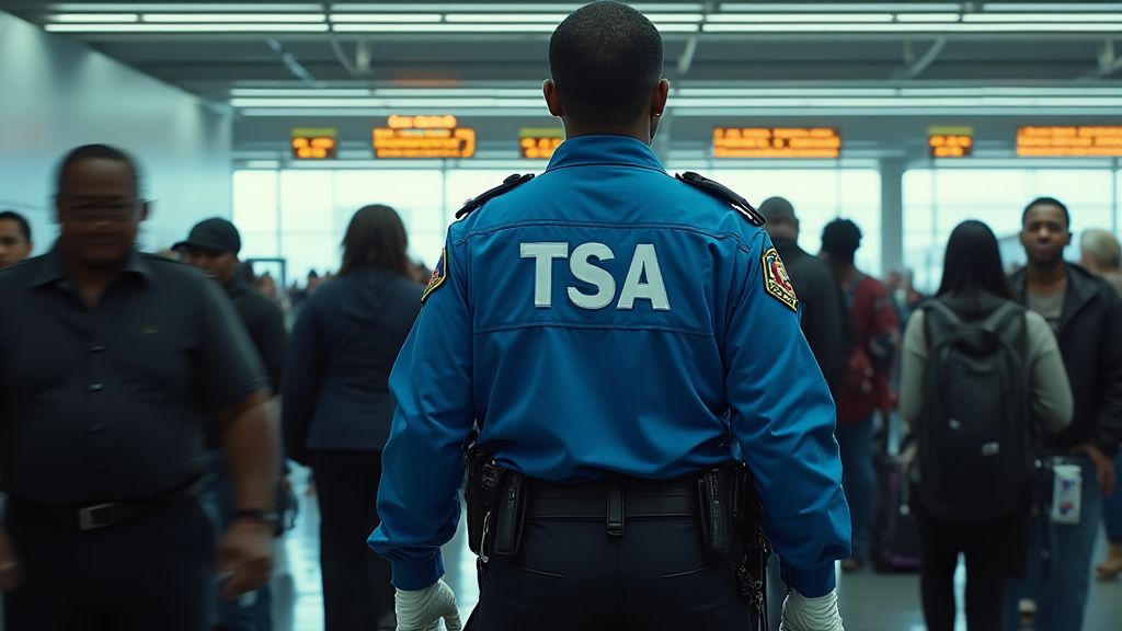 A TSA agent of Muslim descent, face obscured, checks a line of travelers at a U.S. airport terminal. The image captures a cinematic, tense moment at the security checkpoint.