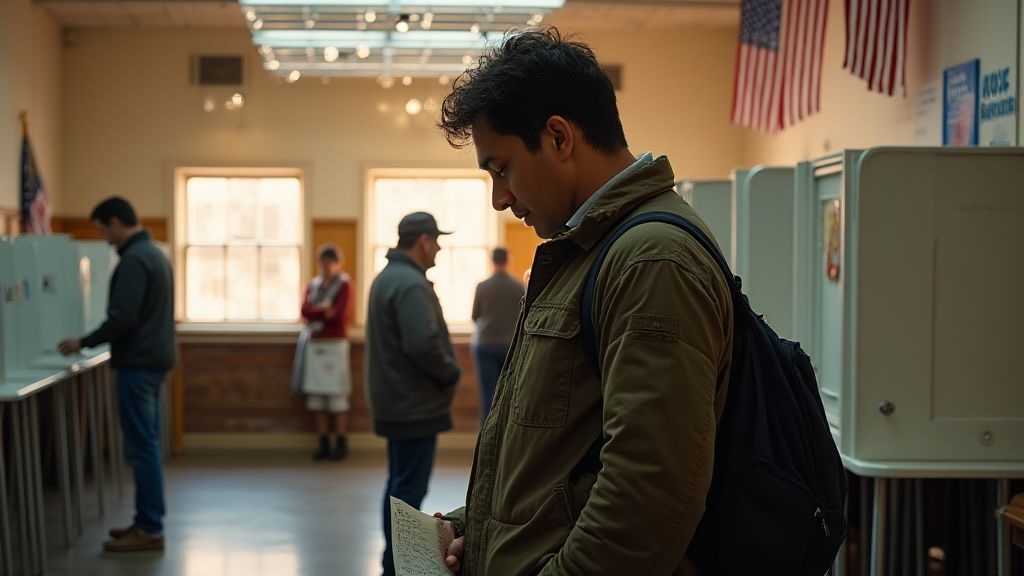 A symbolic image of a voter standing in a polling booth, looking uncertain or flipping a coin, representing the emotional or uninformed decision-making often seen on election day.