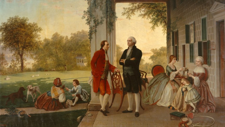 Marquis de Lafayette and George Washington at Mount Vernon.