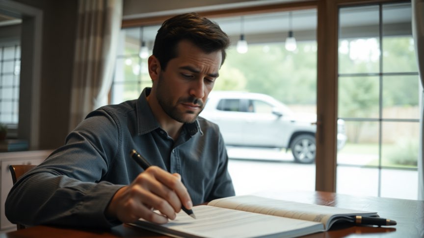 The man thinks about his freedom not to pay vehicle registration fees. 