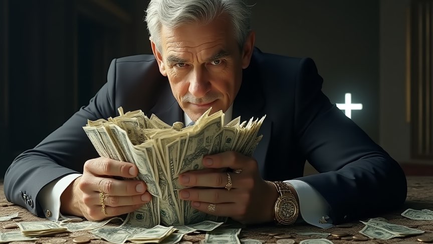 Wealthy man in an expensive suit clutching stacks of American money with a greedy expression.