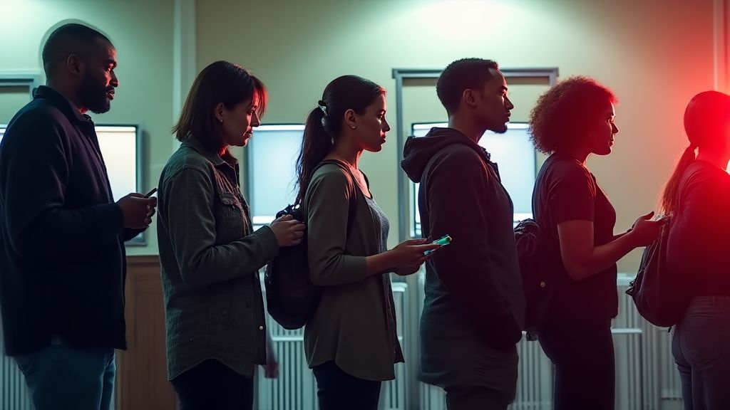 A cinematic depiction of a diverse group of voters—including African Americans, Hispanics, women, and young adults—lined up at a polling station during the 2014 U.S. election, illuminated by soft, patriotic lighting.