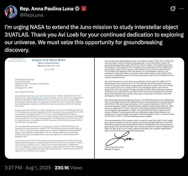 X.com screen capture of post from Rep. Anna Paulina Luna and her Letter to NASA about 3I/ATLAS