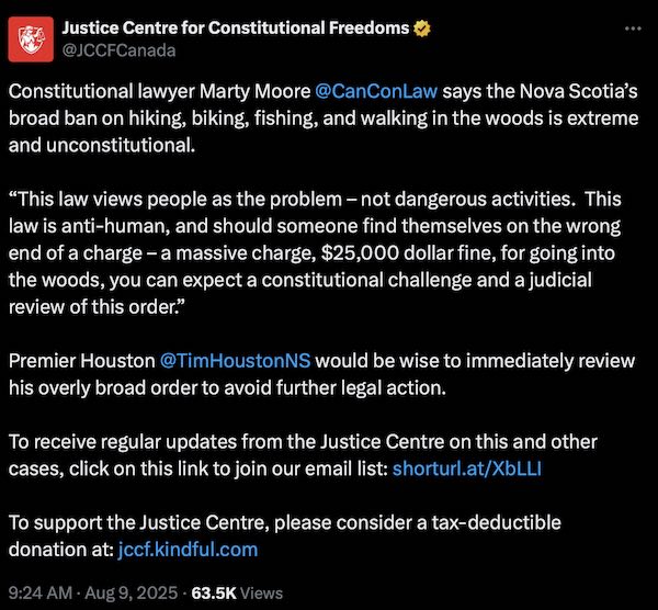 Post on X from the Justice Centre for Constitutional Freedoms discussing Nova Scotia's ban on entering forests