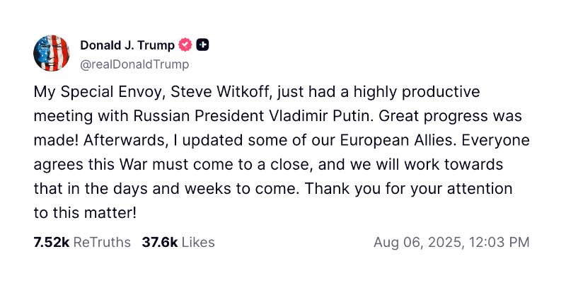 Post on Truth Social from President Trump describing the outcome of a meeting between Steve Witkoff and Vladimir Putin.
