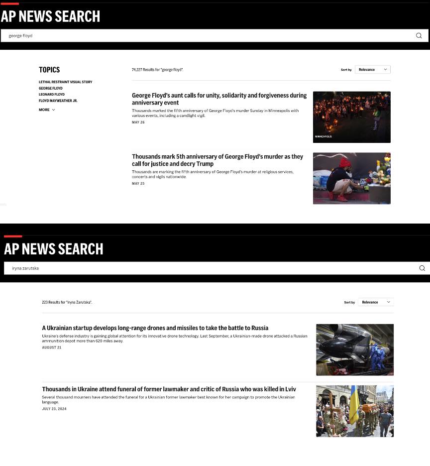 Comparison of AP search results for searches for George Floyd and Iryna Zarutska.