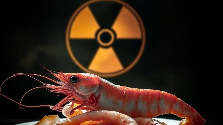 A digital illustration of a shrimp in front of a radiation warning symbol.