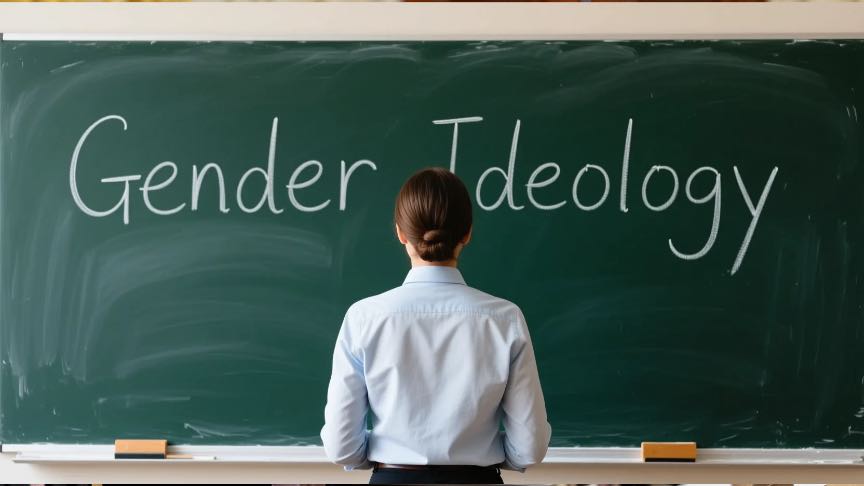 Illustration of a teacher, seen from behind, looking at a chalkboard with words "Gender Ideology" written on it.